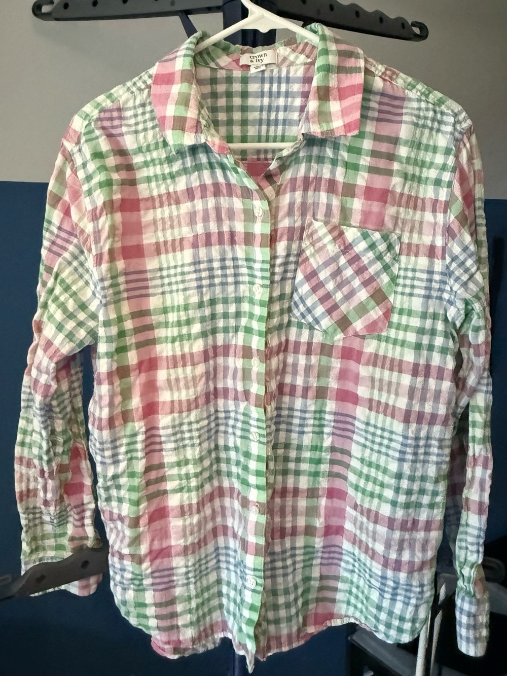 Crown & Ivy Pastel Plaid Cotton Button Up Shirt Medium